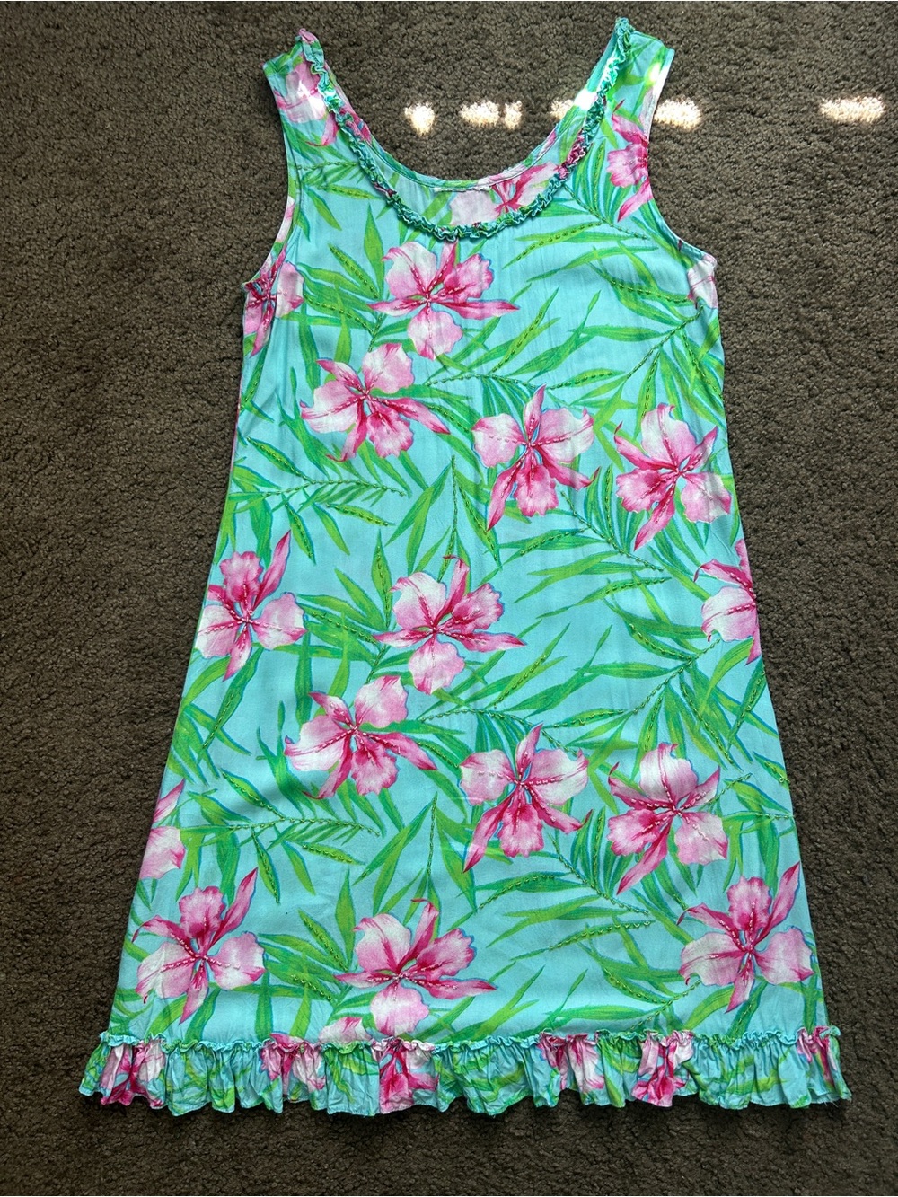 Tropical Floral Tank Dress - Aqua with Pink Flowers